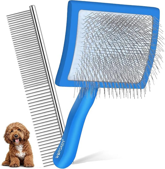 Long Pin Slicker Brush for Doodles & Poodles - 25mm Extra Long Pins Dog Brush with Stainless Steel Cleaning Comb, Solid Beech Wood Dematting Brush for Thick, Curly & Double Coats,Blue