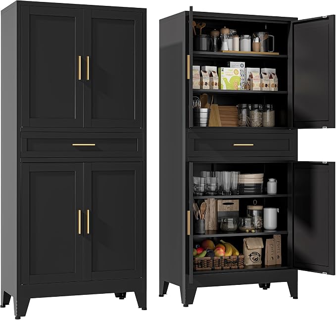 YAUWOH 71''Tall Kitchen Pantry Cabinet with Drawer,6-Tiers Metal Pantry Storage Cabinet with 4 Adjustable Shelves and 4 Barn Doors, Freestanding Farmhouse Food Cupboard for Dining Room (1PC,Black)