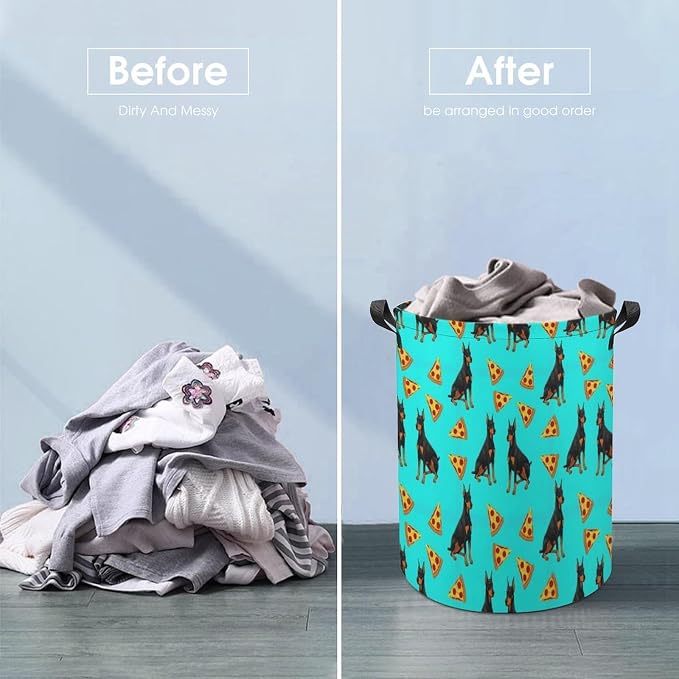 Foldable Clothes Hamper with Handles Doberman Pinscher Turquoise Pizza, Waterproof Laundry Basket for Bedroom, Bathroom, and Toy Storage Needs