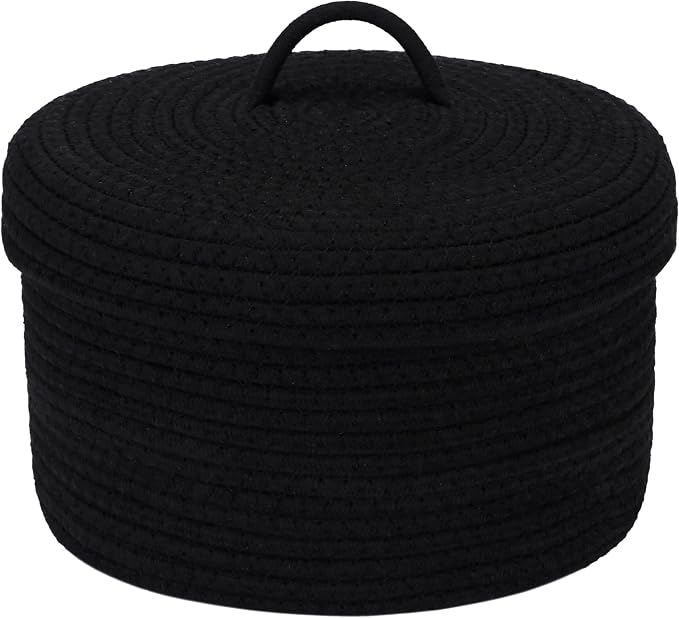 Sea Team Round Storage Basket, Woven Cotton Rope Basket with Lid, Black | Decorative Knitted Storage Bin, Multi-Purpose Lidded Organizer for Closet Shelves, Nursery and Household Storage