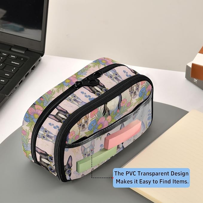 JUNZAN PVC Pencil Bag Boston Terrier Cute Dog Pet | Tear Resistant Elastic Pen Slots Office Organizer Multi-compartment