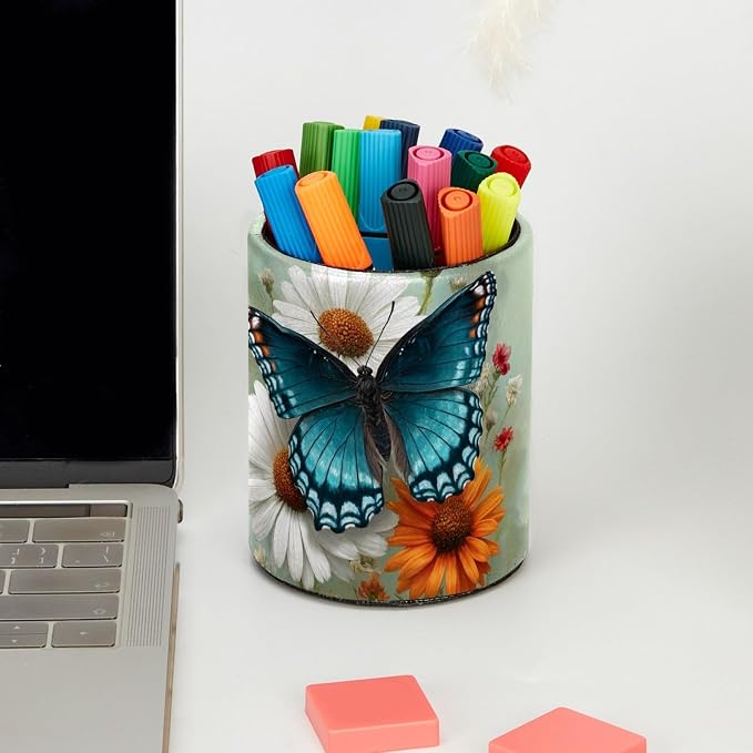 Blue Butterfly Pen Holder, Pencil Cup Marker Brush Holder Desk Storage Case, Desktop Organizer for School Office Home Supplies