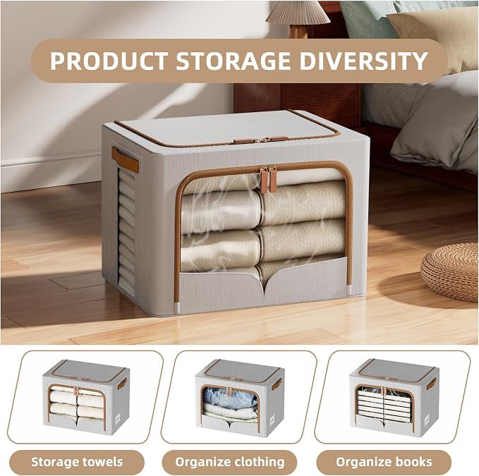 FHSQX 6 Pack Clothes Storage Bins with Metal Frame | Light Grey, 40L, 16.5x12.2x12.2 inch,Portable, Large Clear Window, Durable Handles, Foldable