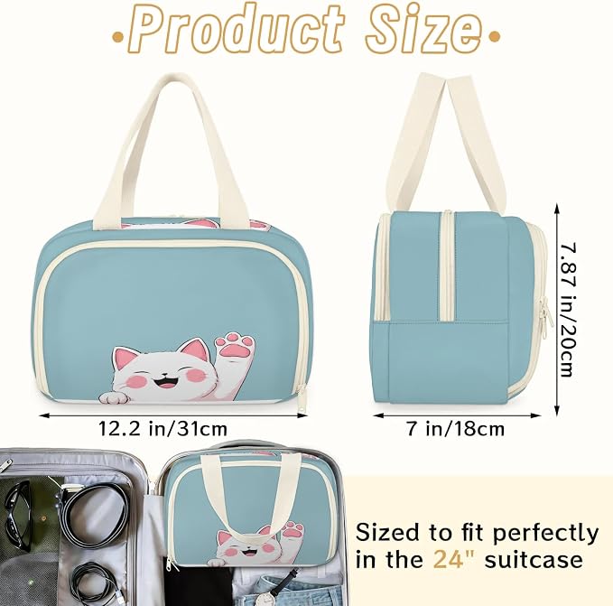 Sweet White Cat Travel Toiletry Bag for Women | Cartoon Pet Lightweight Waterproof Makeup Cosmetic Bag Large Tote Organizer for Traveling, Toiletries, Accessories