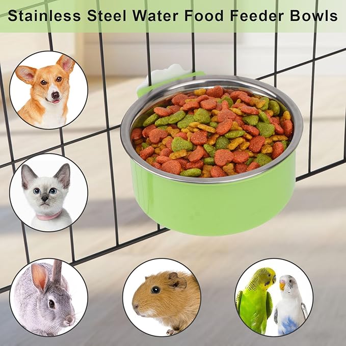 Crate Dog Bowl,Removable Stainless Steel Kennel Water Hanging Food & Water Feeder Crate Water Bowl No Spill for Puppy,Cat,Rabbit,Guinea Pig (Blue+Green)