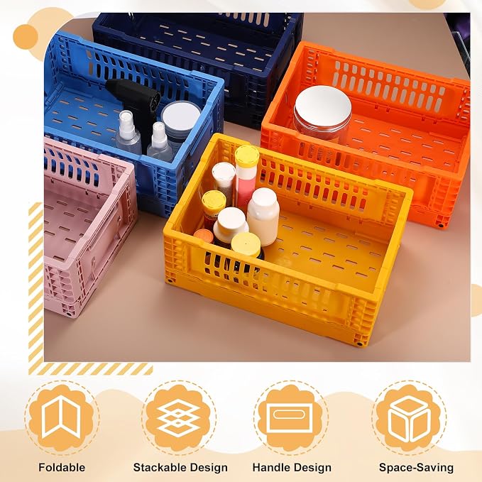 uxcell Collapsible Crates, 11.7x7.8x4.7 Stackable Plastic Storage Baskets with Handle Small Storage Containers for Bedroom Office Classroom Bathroom Desktop Organizer Decor, Dark Yellow