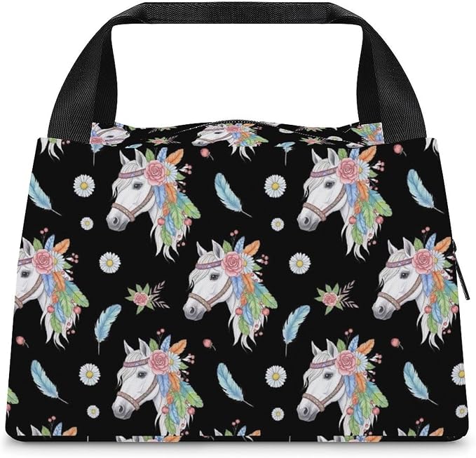 Cool Large Capacity Cooler Tote, Feathers Horse Daisy Floral | Reusable Insulated Lunch Box, for Office Travel, Portable Handheld Food Storage Bag, for Snacks Drinks