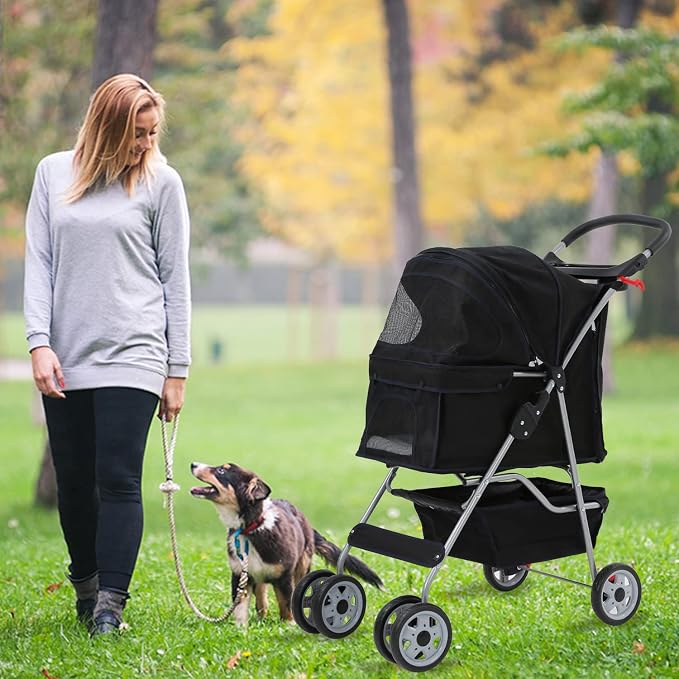 4 Wheels Dog Stroller, Pet Cat Jogger Stroller, Folding Carrier Waterproof Puppy with Cup Holder & Removable Liner, Dog Strollers for Small Dogs, for Small and Medium Pet Supplies (Black)