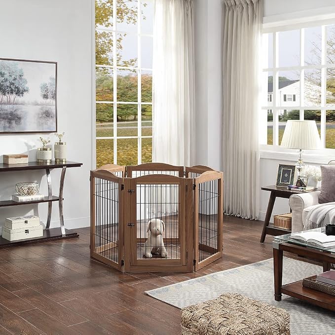 unipaws 132" Extra Wide Dog Gate and Pet Playpen with Walk Through Door | Free Standing Tall Dog Fence, Barriers for Home, Use as Indoor Dogs Cats Pen, Rabbit Pen, Walnut