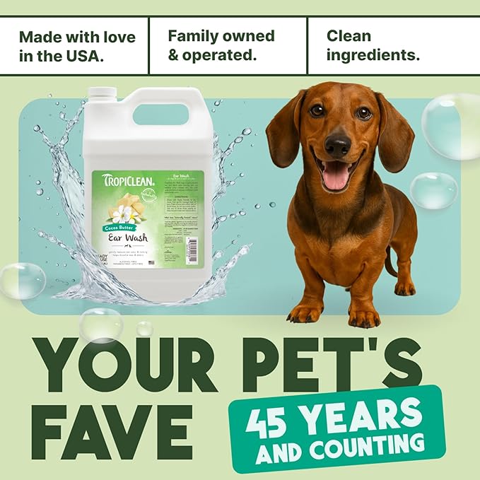 TropiClean Cocoa Butter Ear Wash for Dogs & Cats | Alcohol Free Dog Ear Cleaner Solution | Pet Ear Wash Derived from Natural Ingredients | Made in the USA | 1 Gallon