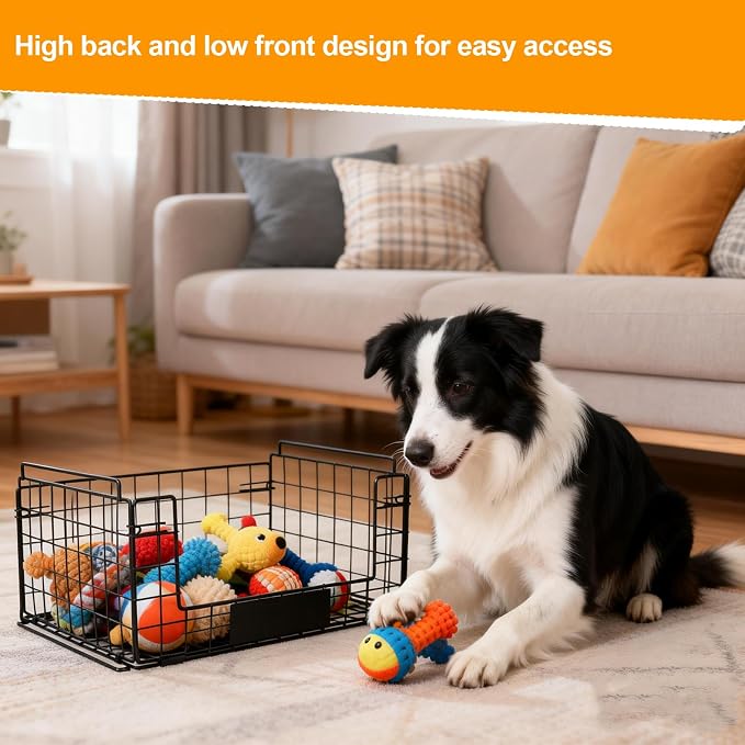 Metal Dog Toy Basket with Handles, Chew-Proof Large Pet Toy Storage Bin, Foldable Dogs Organizer Box for Living Room, Personalized Rustic Toy Holder (Black)