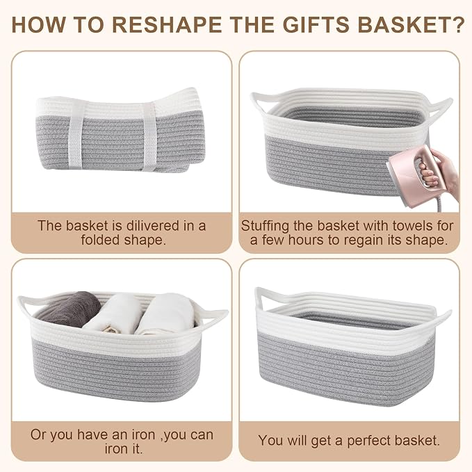 OIAHOMY Woven Basket, Gift Basket Empty with Gift Bags and Ribbons, Rope Baskets for Baby Showers, Storage Baskets with Handles for Nursery, Pet Toy Organizer - Grey & White