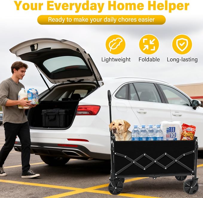 Collapsible Wagon Cart with Wheels, Compact 360 lb Folding Cart,Pitch Black | Portable utility wagon for groceries, shopping, camping, garden, sports, picnics, laundry, apartment errands and small hauls