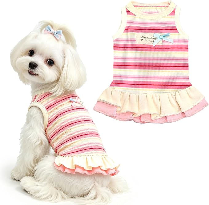 Striped Small Dog Dress Cute Pink Girl Dogs Cats Clothes, Pink S