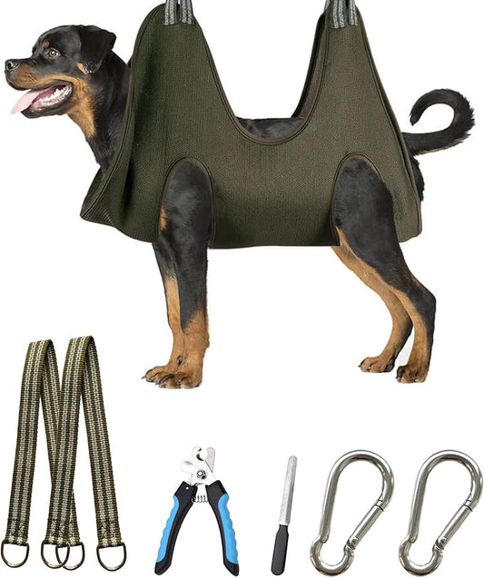 Kkiimatt 10 in 1 Dog Grooming Hammock Harness with Nail Clippers/Trimmer, Nail Hammock for Trimming, Grooming Sling Hange Holder for Extra Large Dogs (XXL/Under 120lb, Khaki Green)