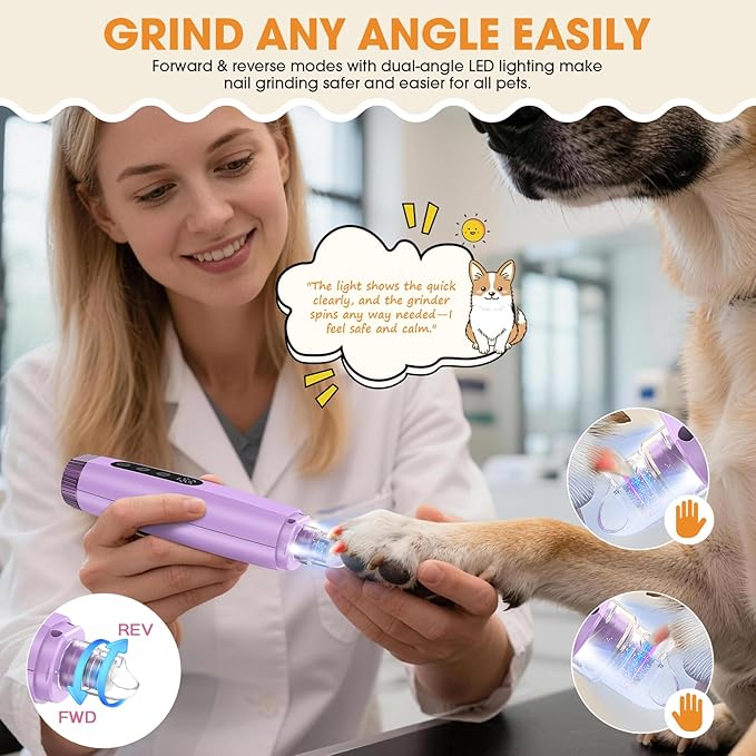 ATESON Dog Nail Grinder with LED Light, 6-Speed Quiet Electric Pet Nail Trimmers, Forward/Reverse, Powerful No-Stall Motor, 2000mAh Battery 8H Runtime, Dust Capture with Nail Clippers for Dogs & Cats