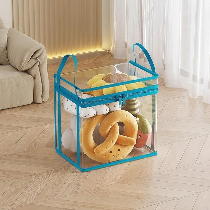 Fenteer Toy Storage Box Plush Toy Holder Stuffed Animal Organizer Clear PVC Display Bin with Secure Zipper Handle Dust Protection Easy Handling Suitable for L, M 32cmx24cmx25cm