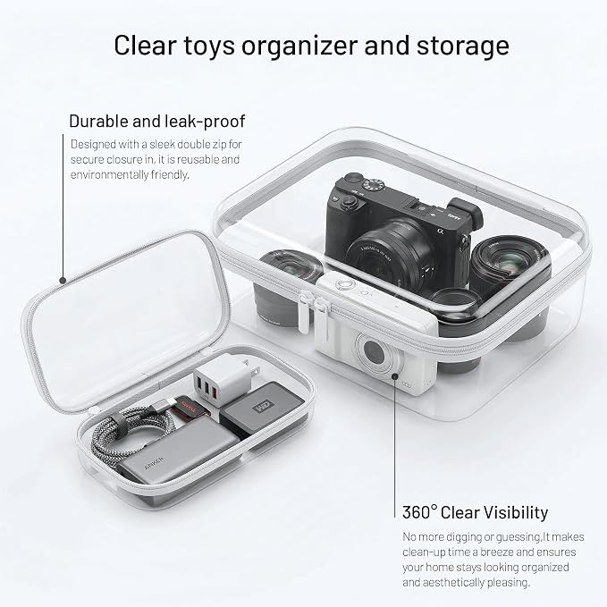 Clear Hard Shell Organizer Cases, 3 Pack with Handle | Durable PET shell with water-resistant, scratch-resistant surface for travel, toiletries, electronics and toys