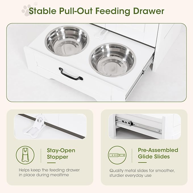 Dog Feeding Station with Storage Cabinet, White Wood Dog Cabinet with 2 Elevated Stainless Steel Bowls, Hidden Pull-Out Feeder Drawer, Pet Feeding Station for Kitchen and Living Room