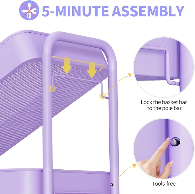 TOOLF 3 Tier Metal Rolling Cart, Utility Storage Cart with Wheels, Purple | Screwless Assembly, Lockable Metal Wheels, Trolley Organizer for Bathroom, Kitchen, Office, Dorm, Laundry, Craft Room