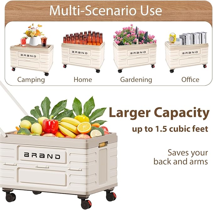 Folding Utility Cart Portable Rolling Crate Handcart Shopping Trolley Collapsible Tool Box with Wooden Lid, Basket on 4 Rotate Wheels, for Grocery, Office, Luggage, Teacher, Travel (White)
