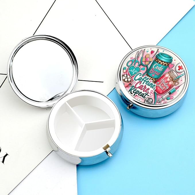 Cute Coffee and Care Collection Round Pill Box with 3 Compartments, Portable Travel Pill Organizer with Spring Snap Closure for Vitamins Supplements Fish Oil