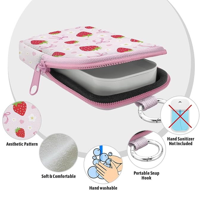 Hand Sanitizer Holder, Strawberry Bow Spray Case Zippered Pouch | Keychain, Travel Size, Cute Fashion Accessory with Snap Hook, for Glow Mist and Power Mist 1FL OZ, Mini Small Pocket Clip on
