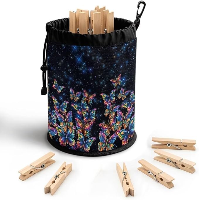 Rainbow Butterfly Clothespin Bag Holder Outside, Hanging Clothes Pin Bag with Drawstring Closure, Large-Capacity Clothespin Storage Organizer with Hooks