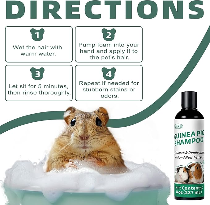 Guinea Pig Shampoo 8 oz - Naturally Effective Shine Skin & Coat Formula - NO Fragrance, Hypoallergenic, Relieves Dry, Itchy Skin, Eliminates Odors