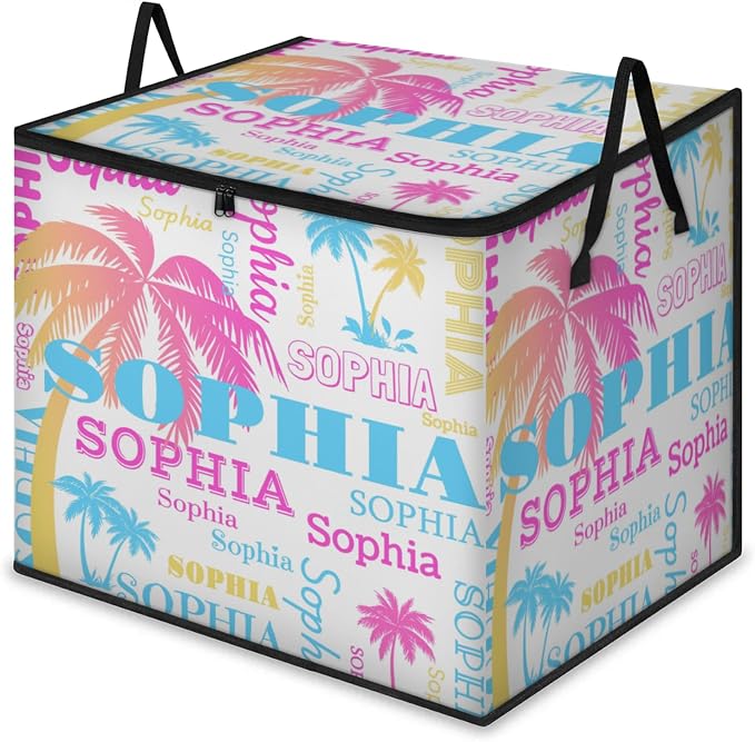 Personalized Extra Large Storage Basket with Lid, Comforters, Bedding Toys Colorful Pink Blue Yellow Palm Trees White Background Storage Bin for Home Basket for Clothes, Moving, Car Trunk