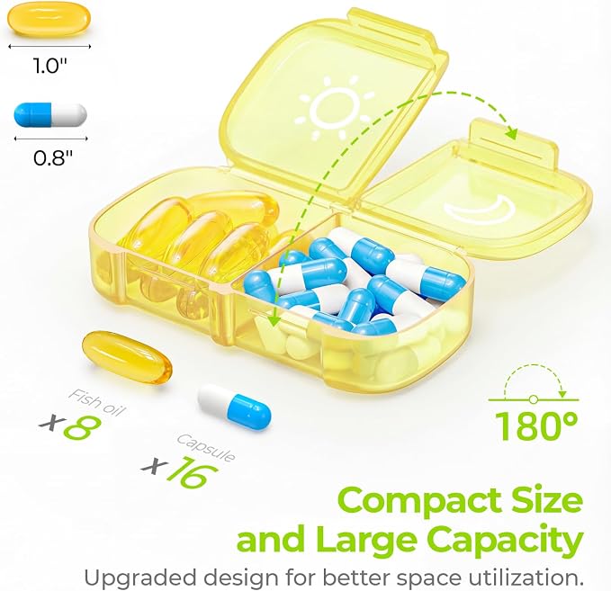 AUVON Weekly Pill Organizer 2 Times a Day, One-Sided Opening, Easy to Use | AM PM Pill Case, XL Pill Box 7 Day, Travel Medication Organizer for Medication, Vitamins, Fish Oils, Supplements, Yellow