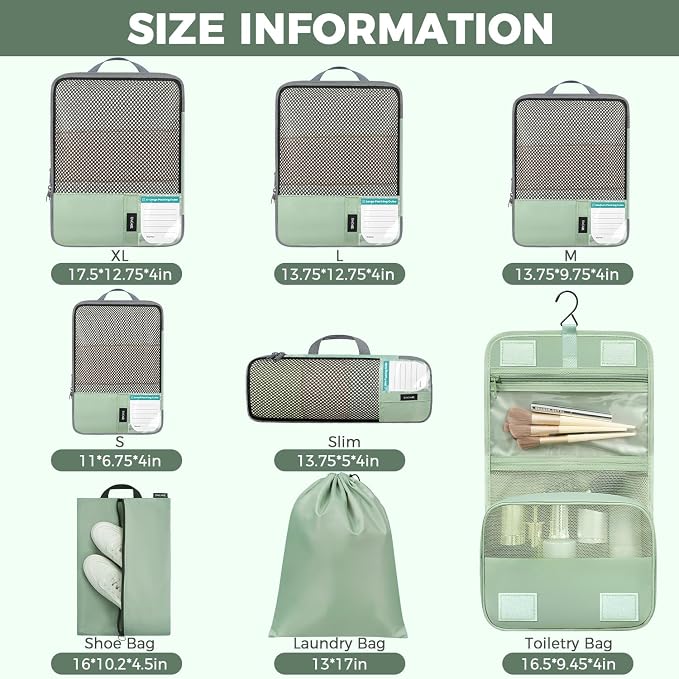 BAGAIL 4 Set/6 Set/8 Set Compression Packing Cubes Travel Accessories Expandable Packing Organizers(HalfMesh, 8-MatchaGreen)