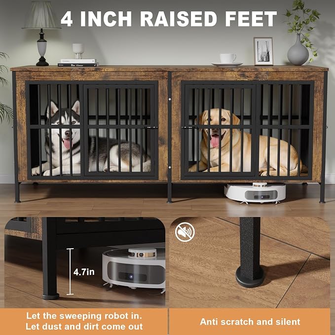 78" Double Dog Crate Furniture for Medium/Large Dogs, Brown | Thick wood, heavy-duty steel, 4-door escape-proof locks, waterproof scratch-resistant, extra-large, stylish, easy assembly
