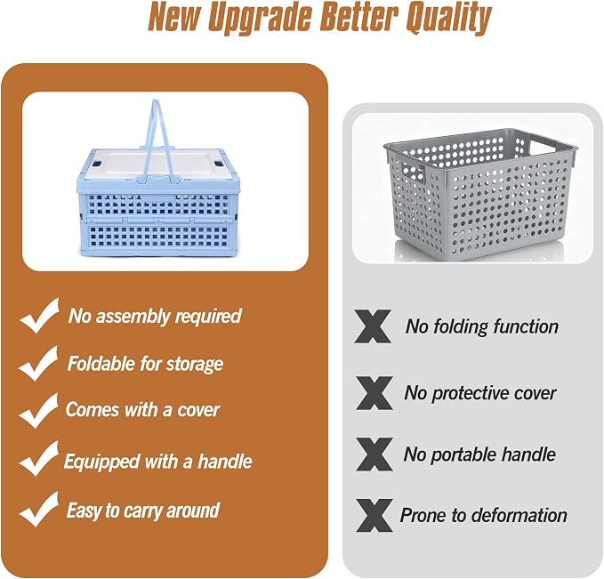 Collapsible Storage Crate, Foldable Plastic Basket with Lid and Handle, Foldable Storage Box Crate Bin for Home Kitchen Office Bathroom Bedroom Pantry (Blue-Hollow)