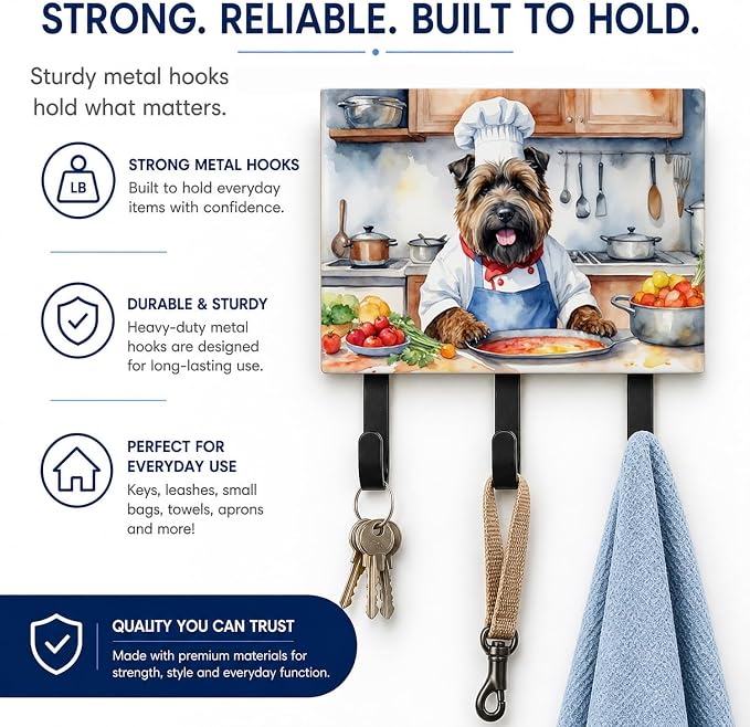 Caroline's Treasures Bouvier des Flandres The Chef Leash or Key Holder Wall Hooks, Key Hooks Holder, Coat Rack Wall Mount, Coat Hooks, Hooks for Hanging Keys, Towels, Aprons, Leashes | Bouvier des Flandres The Chef artwork on ceramic tile with three st...