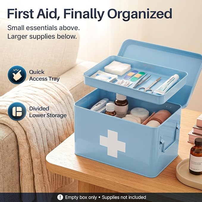 Flexzion Large Metal First Aid Box Empty, 13-Inch, Blue with White Cross | Vintage Medicine Box and First Aid Storage Organizer with Removable Tray and Dividers; Empty Box Only, Supplies Not Included