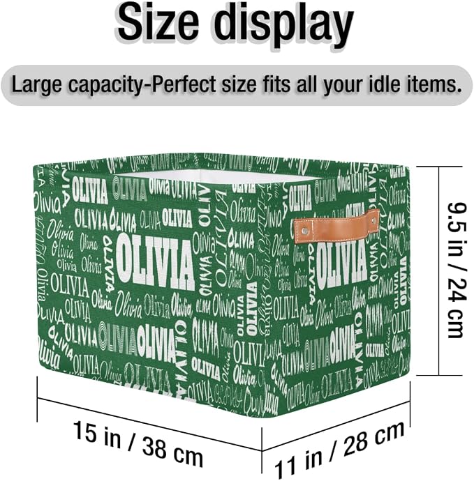 Custom Name Storage Basket for Bedroom, Bathroom, Deep Green Color | Organizing Boys Girls Pets Toys Closet Shelf Clothes Books