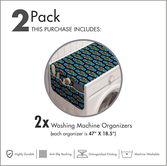 Ambesonne Folk Art Washing Machine Organizer Pack of 2, Culture Themed Traditional Polish Flower Ornamental Motif on Dark Background, Anti-Slip Cover for Washers Dryers, 47" x 18.5", Black Blue