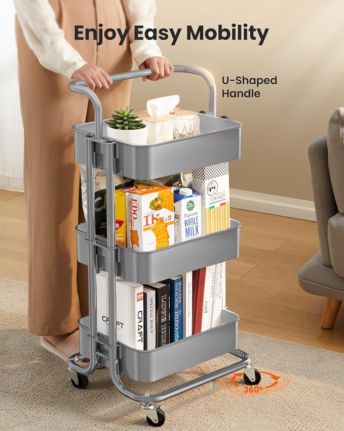 Pipishell Metal 3 Tier Rolling Cart with Handle & 2 Lockable Wheels, Gray | Four Large 2" Wheels for Easy Motion, Sturdy Metal, Hold 22 lbs per Shelf, Ideal for Nursery Room, Living Room, Painting Room