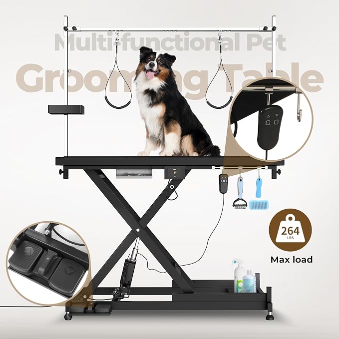 Electric Lift Pet Dog Grooming Table, Upgrade 50 Inch Heavy Duty 9'' -36'' Adjustable Height Professional Pet Grooming Table with Tool Organizer, Adjustable Overhead Arm for Large Dogs at Home, Black