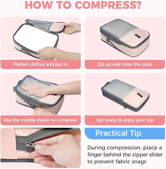 BAGAIL Lightweight Compression Packing Cubes for Travel, 6 Set, Pink | Salis Nylon Fabric,Anti-Tearing,Save Space,SBS Zippers,Packing List,PVC Tag Pocket,Custom Labels,Visible Mesh,Portable Handel