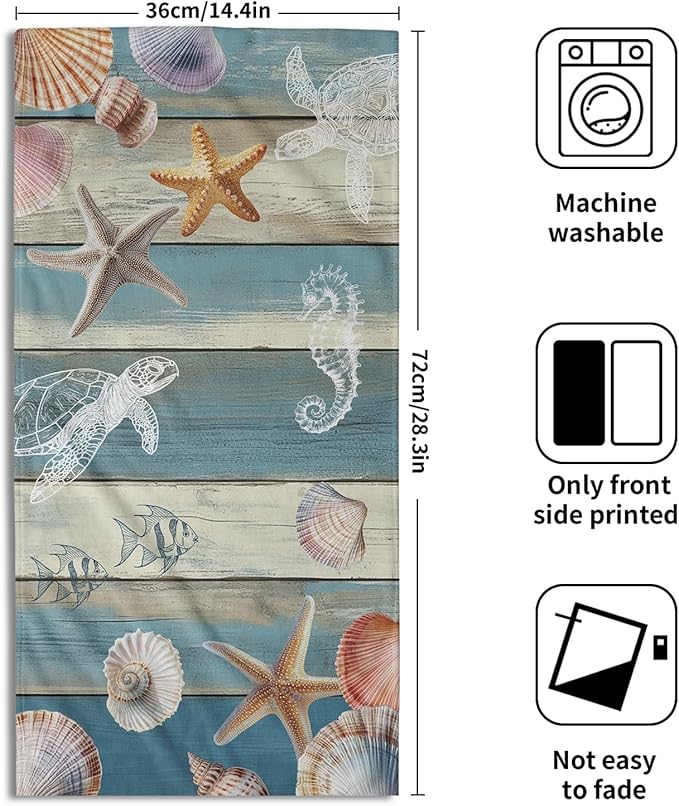 Giwawa Coastal Starfish Hand Towels Set of 2 Summer Sea Turtle Decorative Bath Towels Guest Soft Fingertip Towels for Bathroom Kitchen Hotel Gym