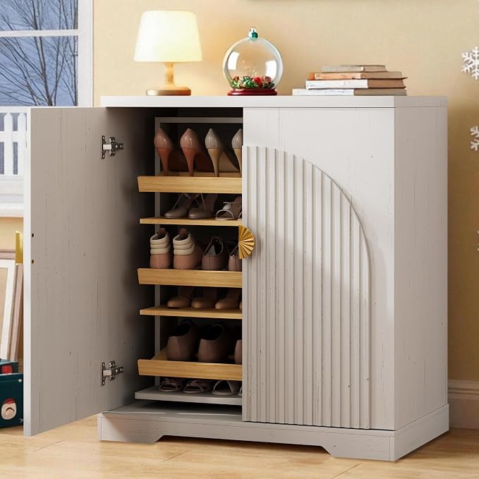 Vlsrka Rotating Shoe Storage Cabinet with Doors and 6 Tier Shelves, White | Suitable for 18 Pairs Shoe Organizer, Freestanding, Pull Out Shoe Rack, Wooden Entryway Cabinet for Hallway, Closet, Indoor