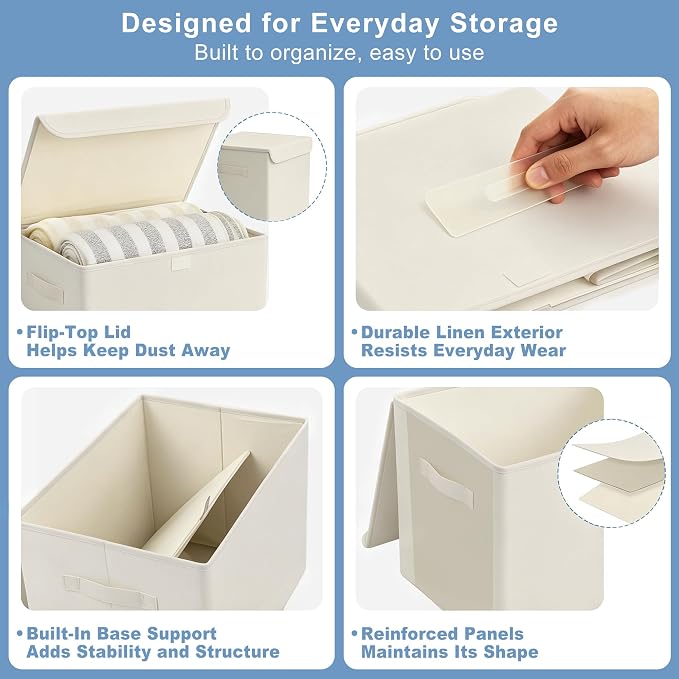 Large 22 Quart [4-Pack] Linen Fabric Foldable Storage Bin Cube Organizer Basket with Flip-Top Lid & Handles, Clothes Blanket Box for Home, Office, Closet (14.6 x 9.5 x 9.5, Beige)