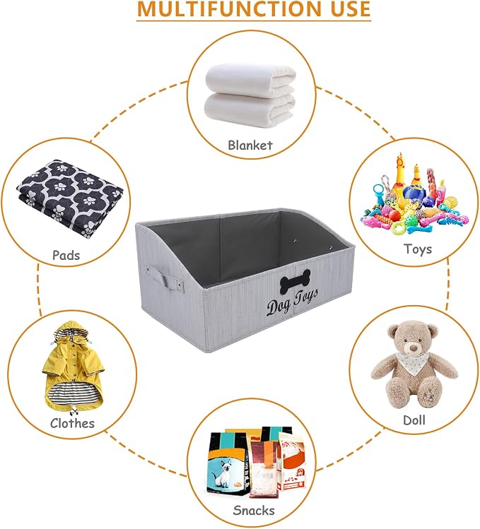 Large Dog Toy Basket Collapsible Dogs Toy Box Fabric Trapezoid Dog Toys Bin Storage for organizing pet Toys/Blankets/leashes/Rope Toys/Clothing-Can be Personalized-Slub Gray