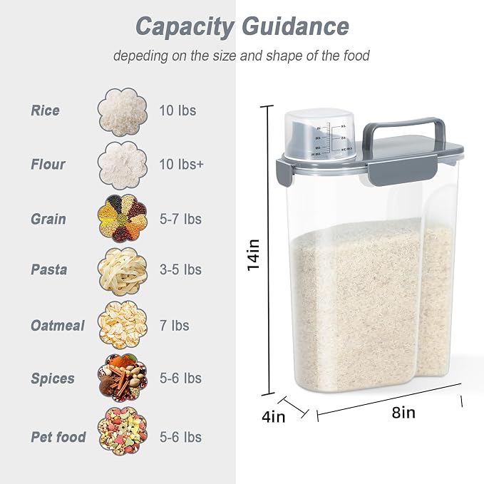 LEAWALK Airtight Rice Storage Container, 7-10Lbs Cereal Dry Food Flour Bin, Pet Dog Cat Food Dispenser with Measuring Cup, BPA Free Plastic Kitchen and Pantry Organization Bin for Sugar-Gray