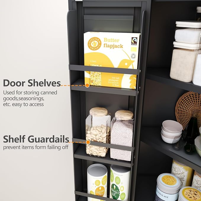 GAIOUS 74.8" Tall Metal Food Cabinet, Black Kitchen Pantry Cabinet Cupboard | Food Storage, Kitchen Organizer, Storage Cabinet with 4 Door and 4 Adjustable Shelves, Steel Freestanding, for Dining Living
