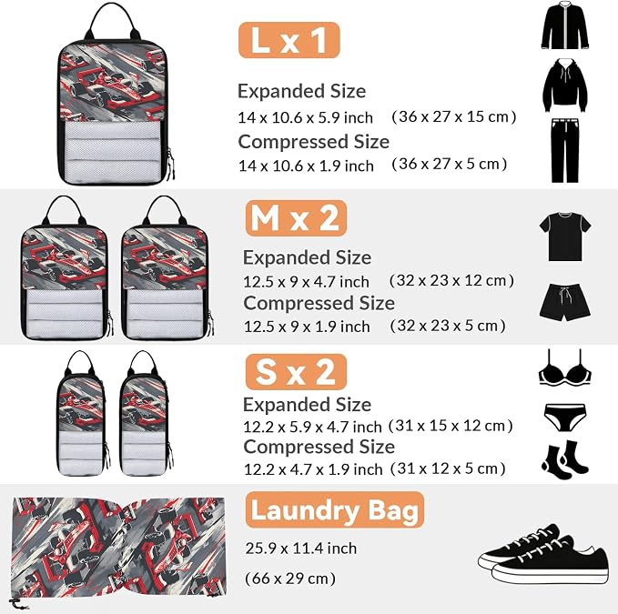 Racing Car Compression Packing Cubes Race Car 6 Set Travel Packing Cubes for Suitcases Lightweight Expandable Organizers