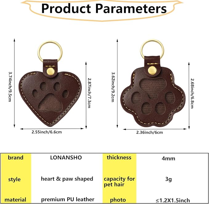 Pet Memorial Keychain for Dog: Heart Leather Keychain Holds 3g Pet Fur | LONANSHO Memory Pet Fur Keepsake Keychain - Holds 3g Pet Fur & 1.2" x 1.5" Photo - Memorial Gift for Dog Cat Owners