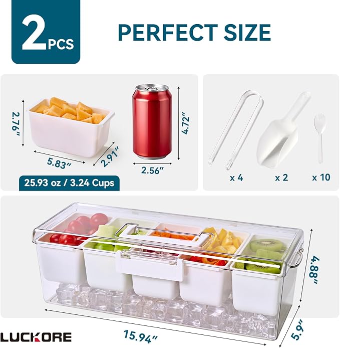 Garnish Tray 2 Pack Chilled Condiment Server with 5 Small Containers | Garnish Serving Tray with Hidden Handle Design, Ice Chilled Condiment Organizer for Camping, Kitchen, Fruit, Salad